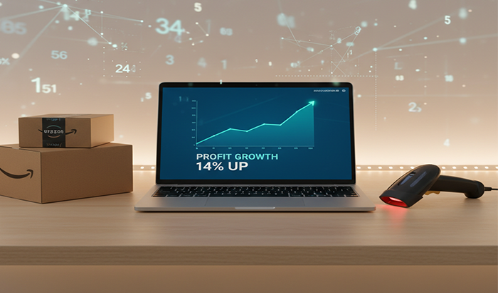 A laptop showing profit growth stats next to Amazon boxes and a scanner.