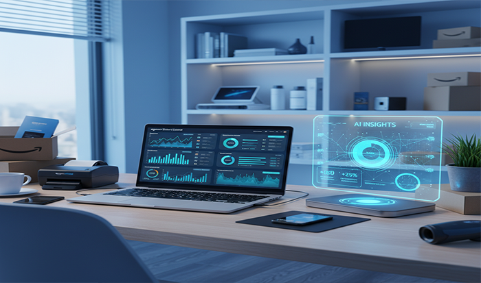 Workspace with AI-generated insights and data analytics on display.